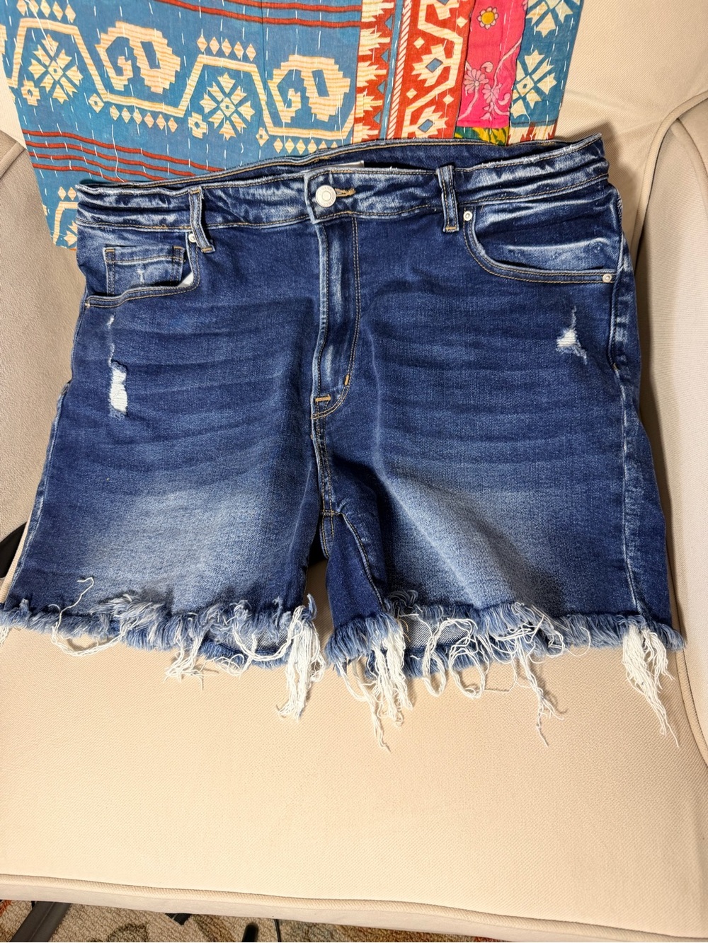 Zenana Outfitters Dark Blue Distressed Denim Shorts with Frayed Hem